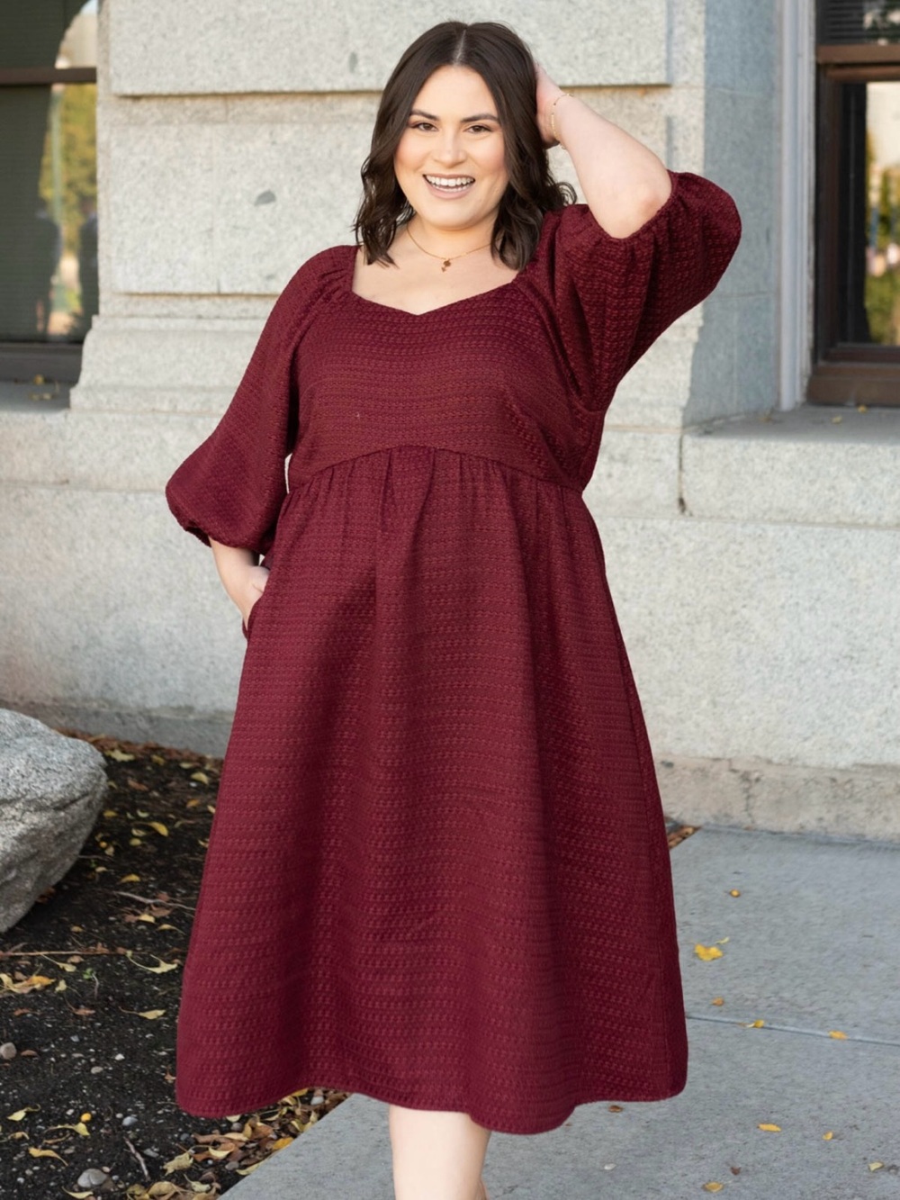Sweetheart Neck Tweed Textured Burgundy Midi Dress Puff Sleeves Lena & Lou 1X